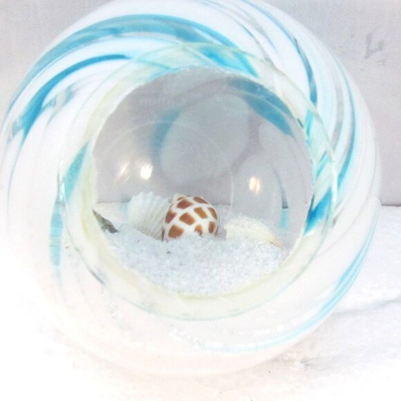Handblown Blue White Swirl Art Glass Globe with Shells and Sand Paperweight - Picture 6 of 14